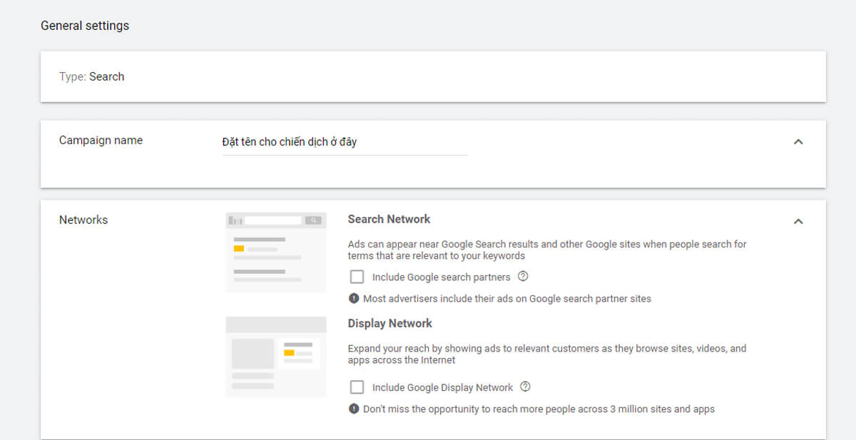 Thực hiện cài đặt chiến dịch quảng cáo Google tìm kiếm
